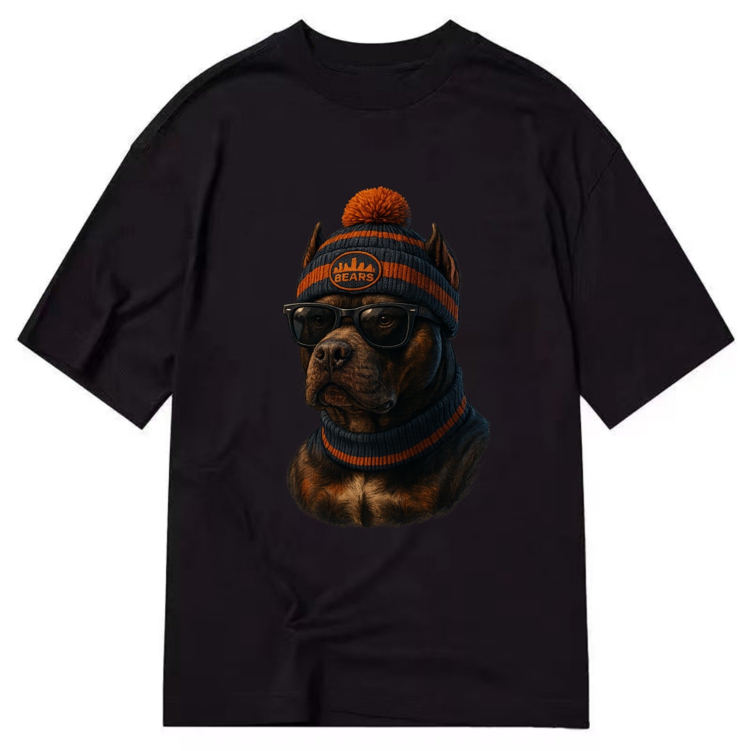 Chicago Pitbull wearing Bears beanie with skyline patch and wayfarer sunglasses - Classic T-shirt - Black