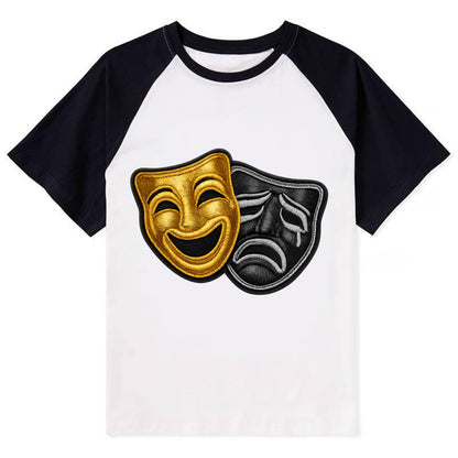 BROADWAY MASKS - comedy tragedy masks in gold and black , theater - Contrast Raglan T-shirt - Black