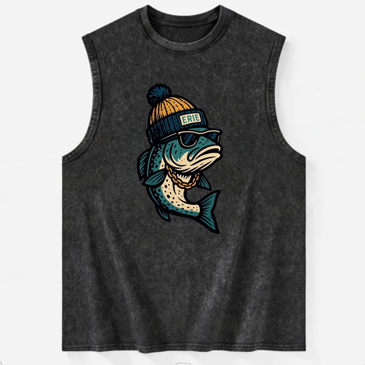 Erie Lake Trout wearing Erie beanie with - Vintage Washed Tank - Black