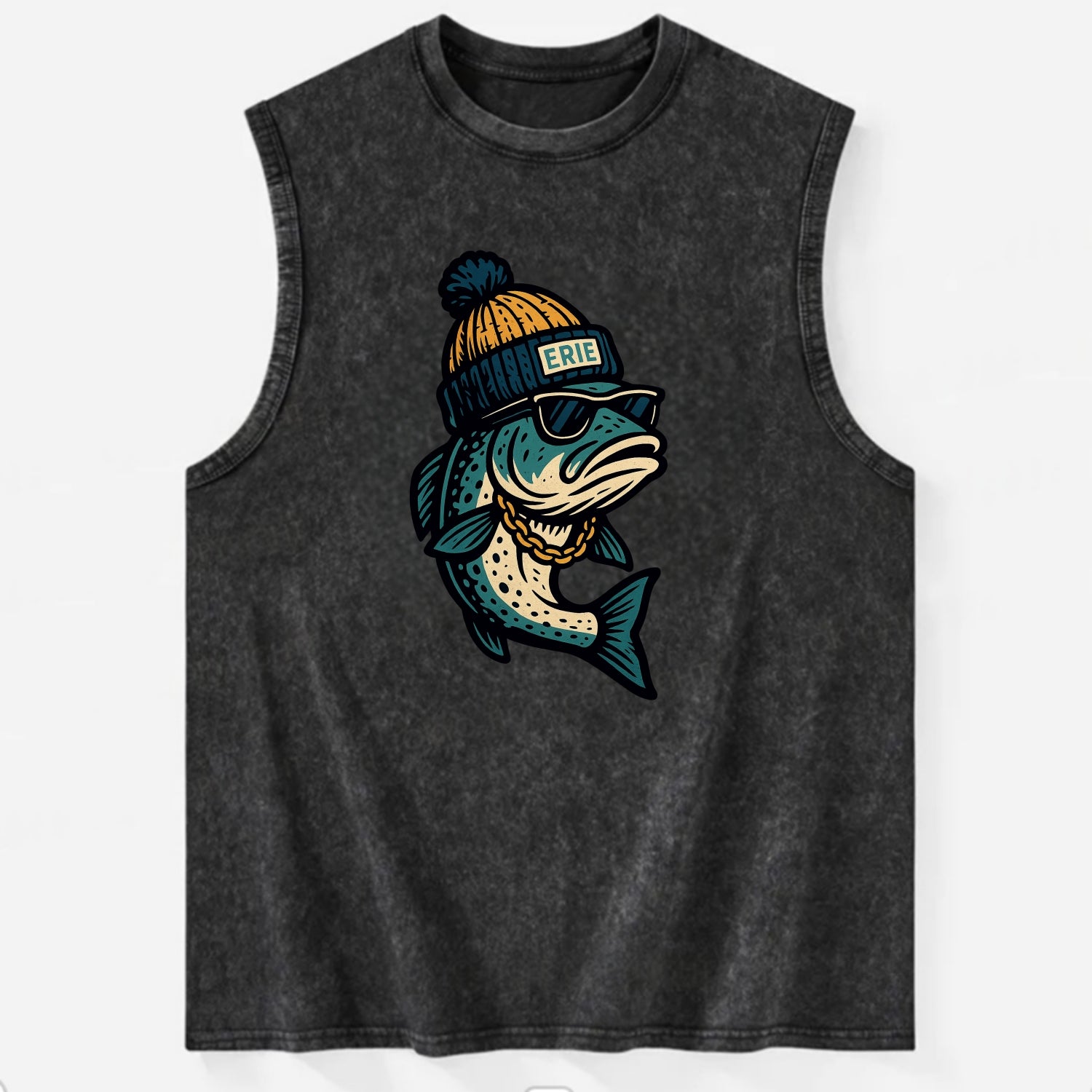 Erie Lake Trout wearing Erie beanie with - Vintage Washed Tank - Black
