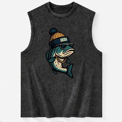 Erie Lake Trout wearing Erie beanie with - Vintage Washed Tank - Black