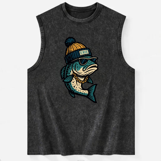 Erie Lake Trout wearing Erie beanie with - Vintage Washed Tank - Black