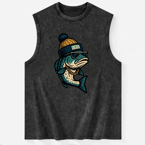 Erie Lake Trout wearing Erie beanie with - Vintage Washed Tank
