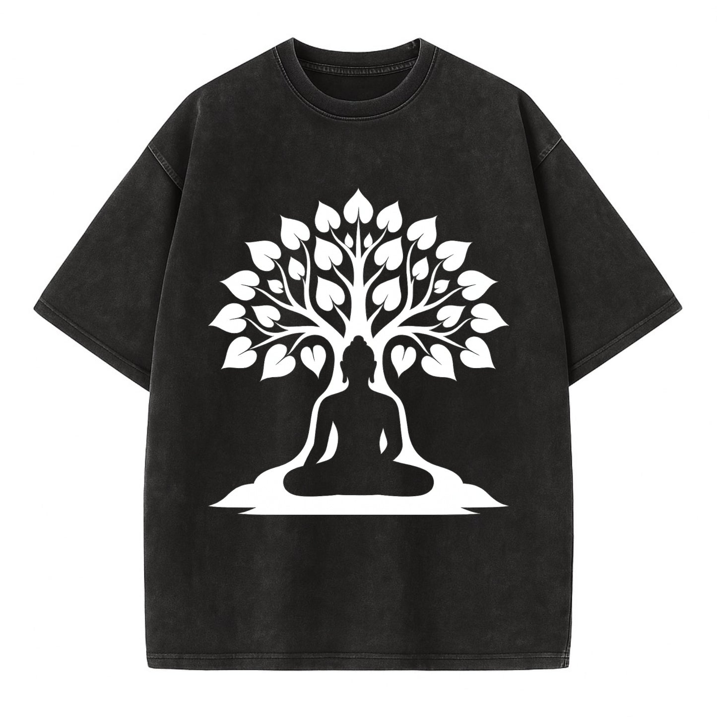 Buddha silhouette meditating - negative space forms bodhi tree - Vintage T-shirt - Black