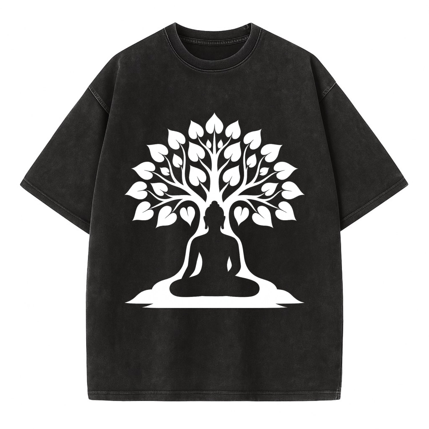 Buddha silhouette meditating - negative space forms bodhi tree - Vintage T-shirt - Black