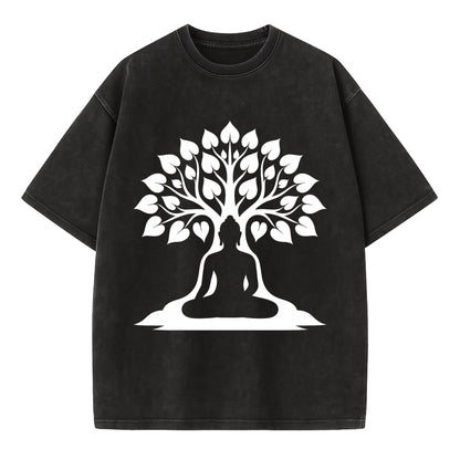 Buddha silhouette meditating - negative space forms bodhi tree - Vintage T-shirt - Black
