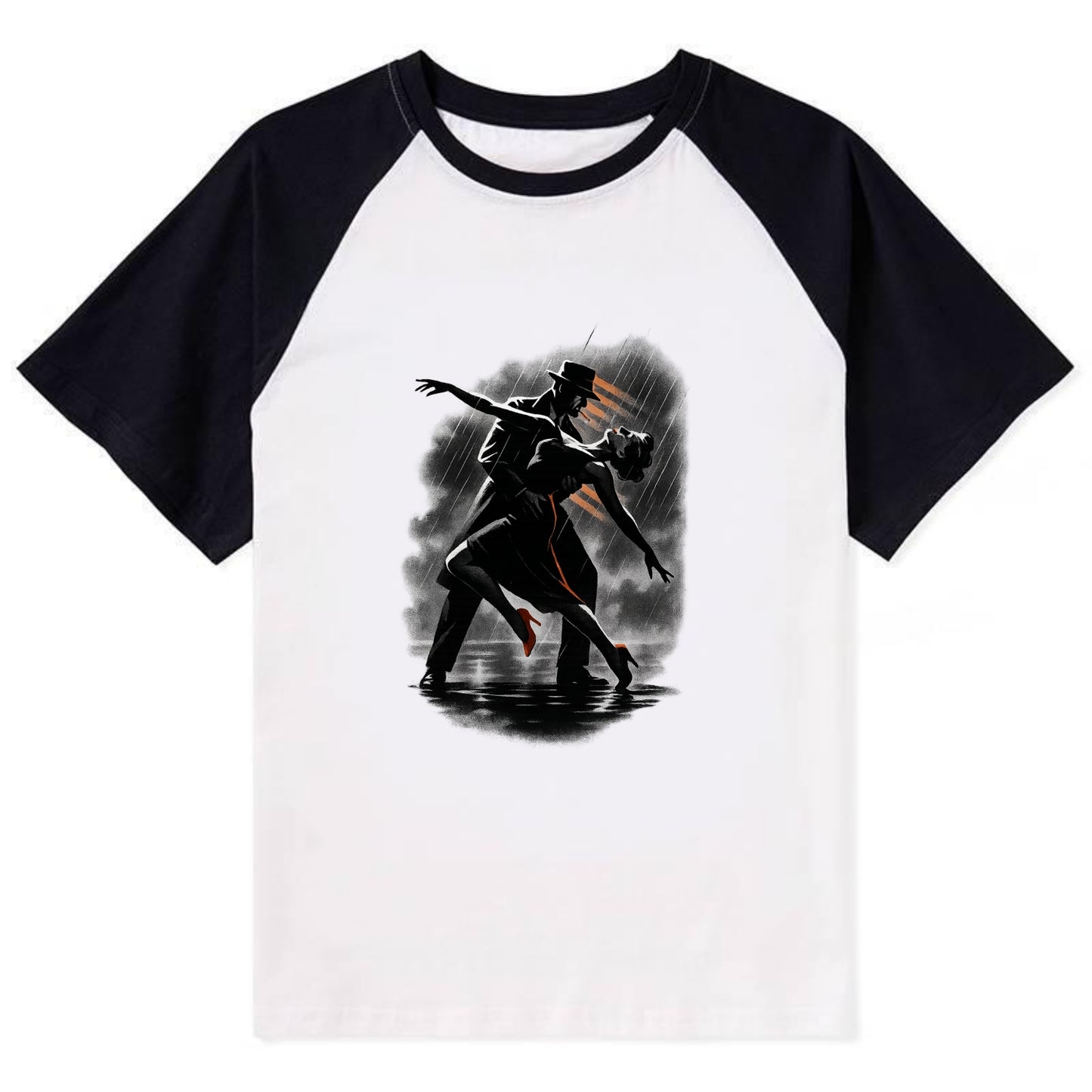 romantic dance pose with woman lifted in the air at lakeside - Contrast Raglan T-shirt - Black