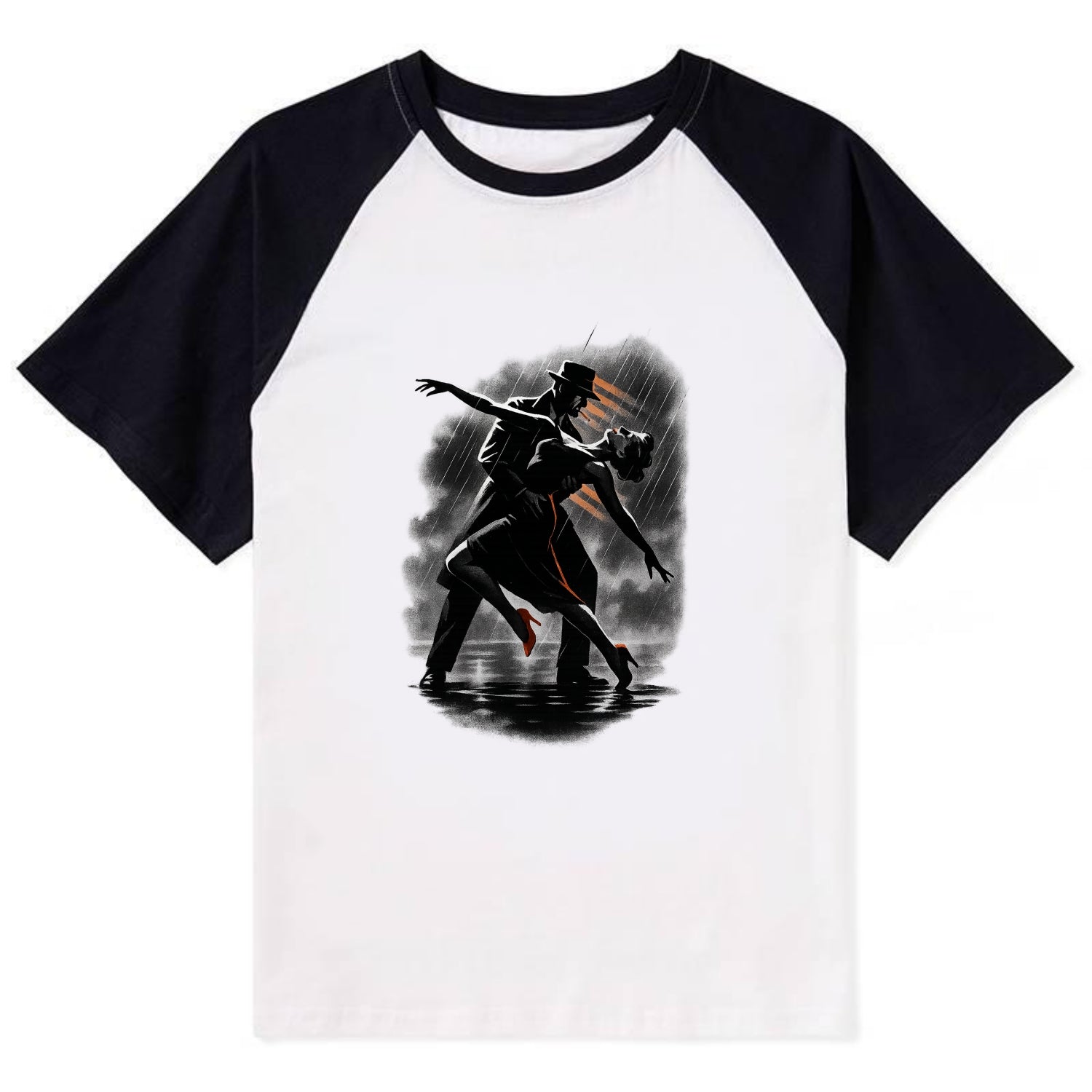 romantic dance pose with woman lifted in the air at lakeside - Contrast Raglan T-shirt - Black