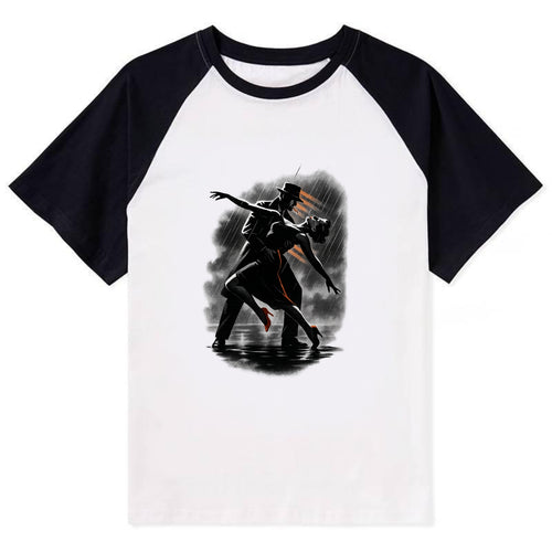 romantic dance pose with woman lifted in the air at lakeside - Contrast Raglan T-shirt