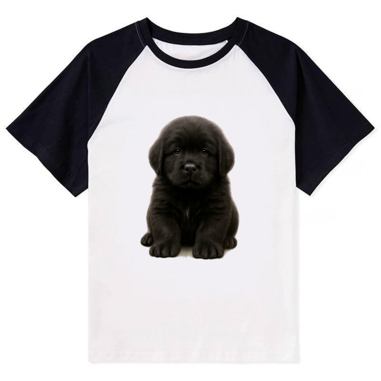 Baby Newfoundland Puppy - giant fluffy black, gentle eyes, webbed paws, - Contrast Raglan T-shirt - Black