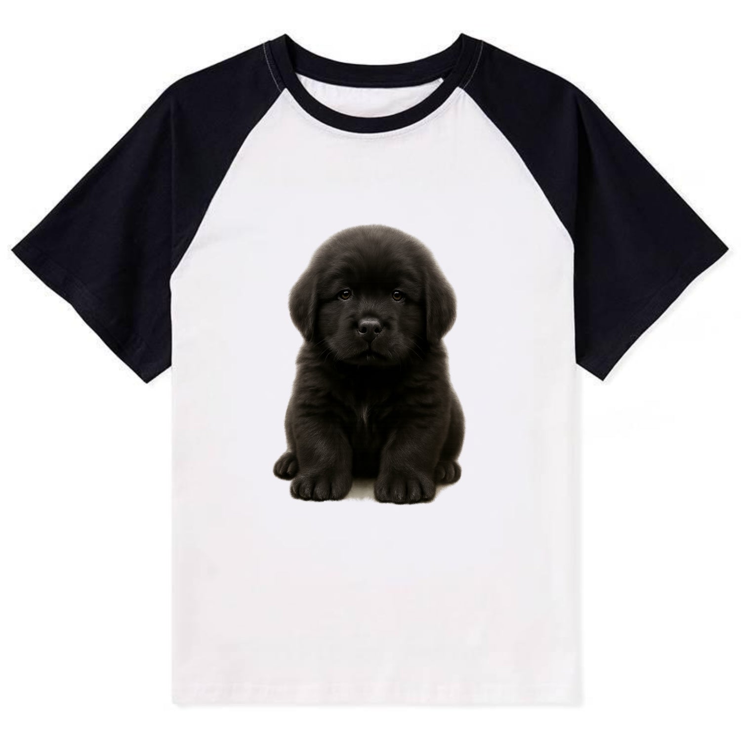 Baby Newfoundland Puppy - giant fluffy black, gentle eyes, webbed paws, - Contrast Raglan T-shirt - Black