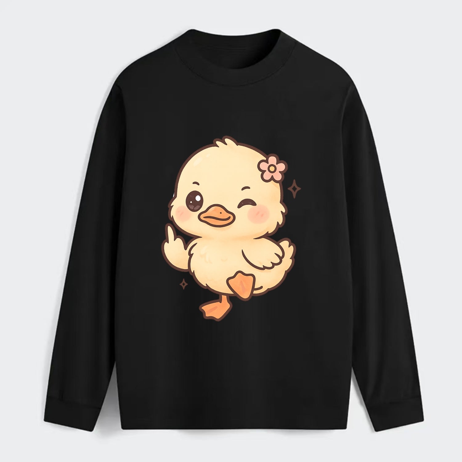 fluffy baby duck with small flower, one webbed foot raised sassily - Classic Long Sleeve Shirt - Black