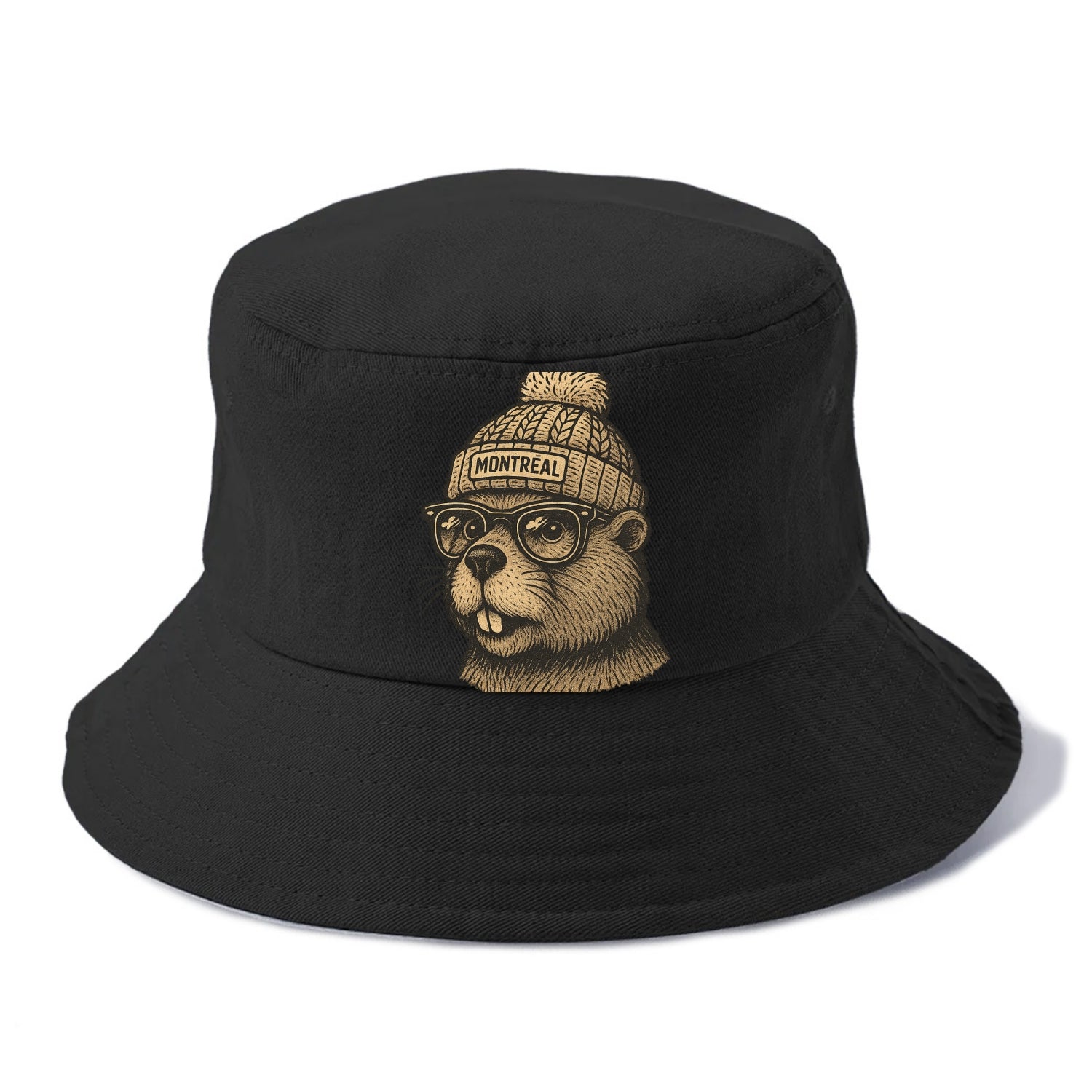 Montreal Beaver wearing Montreal beanie with pom pom and wayfarer sunglasses - Bucket Hat - Black
