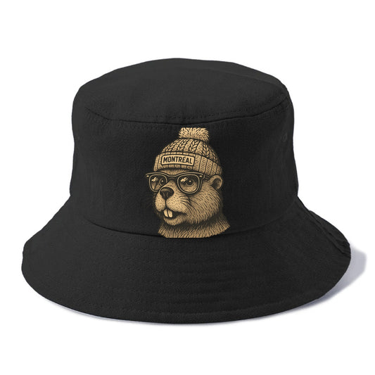 Montreal Beaver wearing Montreal beanie with pom pom and wayfarer sunglasses - Bucket Hat - Black