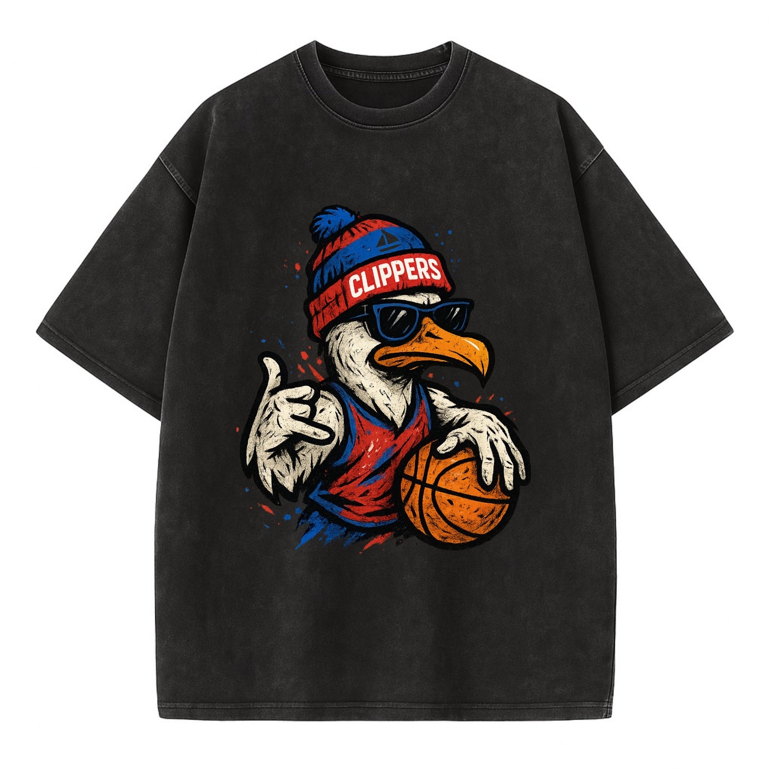 LA Seagull wearing Clippers red white and blue beanie with ship patch and - Vintage T-shirt - Black