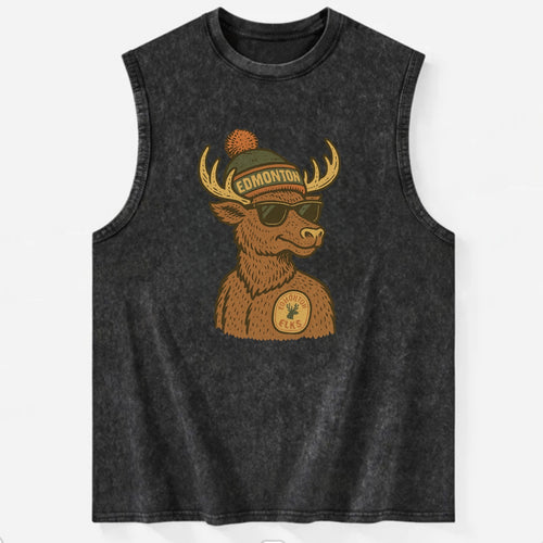 Edmonton Elk wearing Edmonton beanie with pom pom and wayfarer sunglasses - Vintage Washed Tank