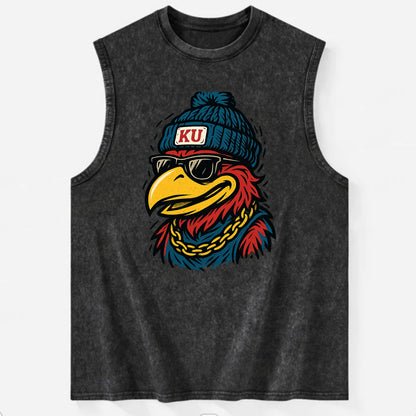 Lawrence Jayhawk wearing Kansas beanie with KU patch - Vintage Washed Tank - Black