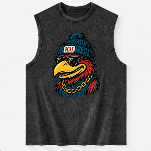 Lawrence Jayhawk wearing Kansas beanie with KU patch - Vintage Washed Tank