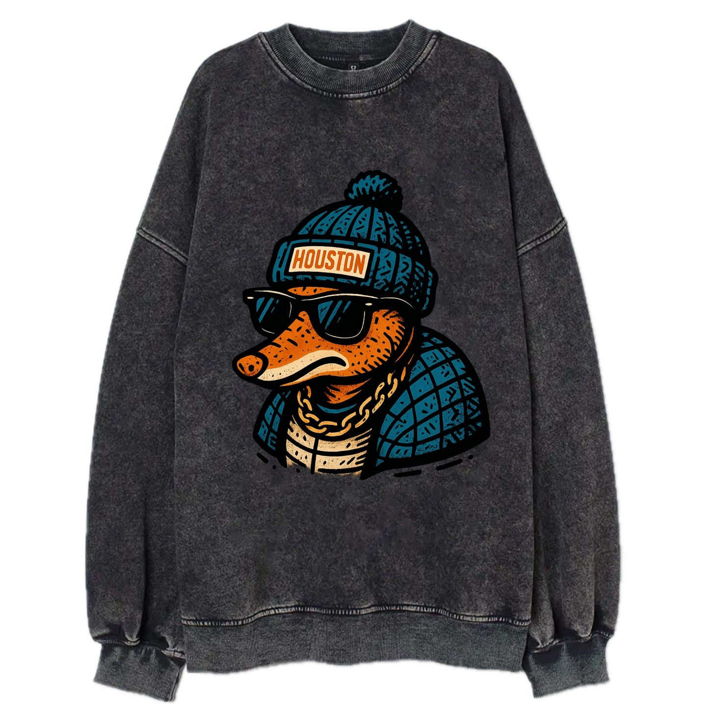 Houston Armadillo wearing Houston beanie with pom pom and wayfarer sunglasses - Vintage Sweatshirt - Black
