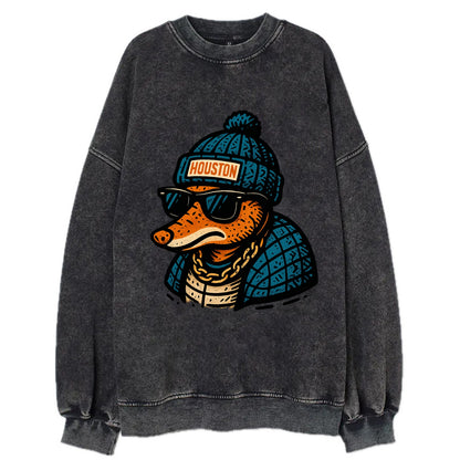 Houston Armadillo wearing Houston beanie with pom pom and wayfarer sunglasses - Vintage Sweatshirt - Black