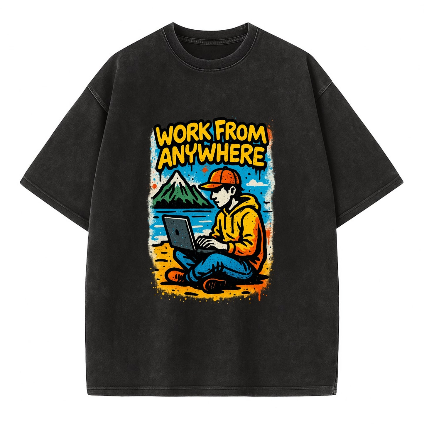 Digital nomad with laptop on beach/mountain - work from anywhere lifestyle, - Vintage T-shirt - Black
