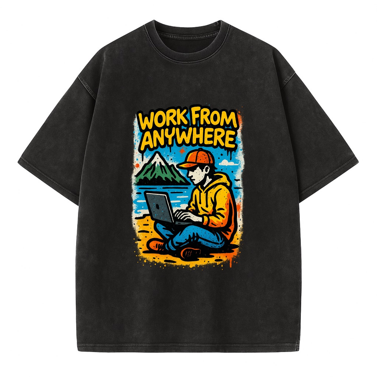 Digital nomad with laptop on beach/mountain - work from anywhere lifestyle, - Vintage T-shirt - Black