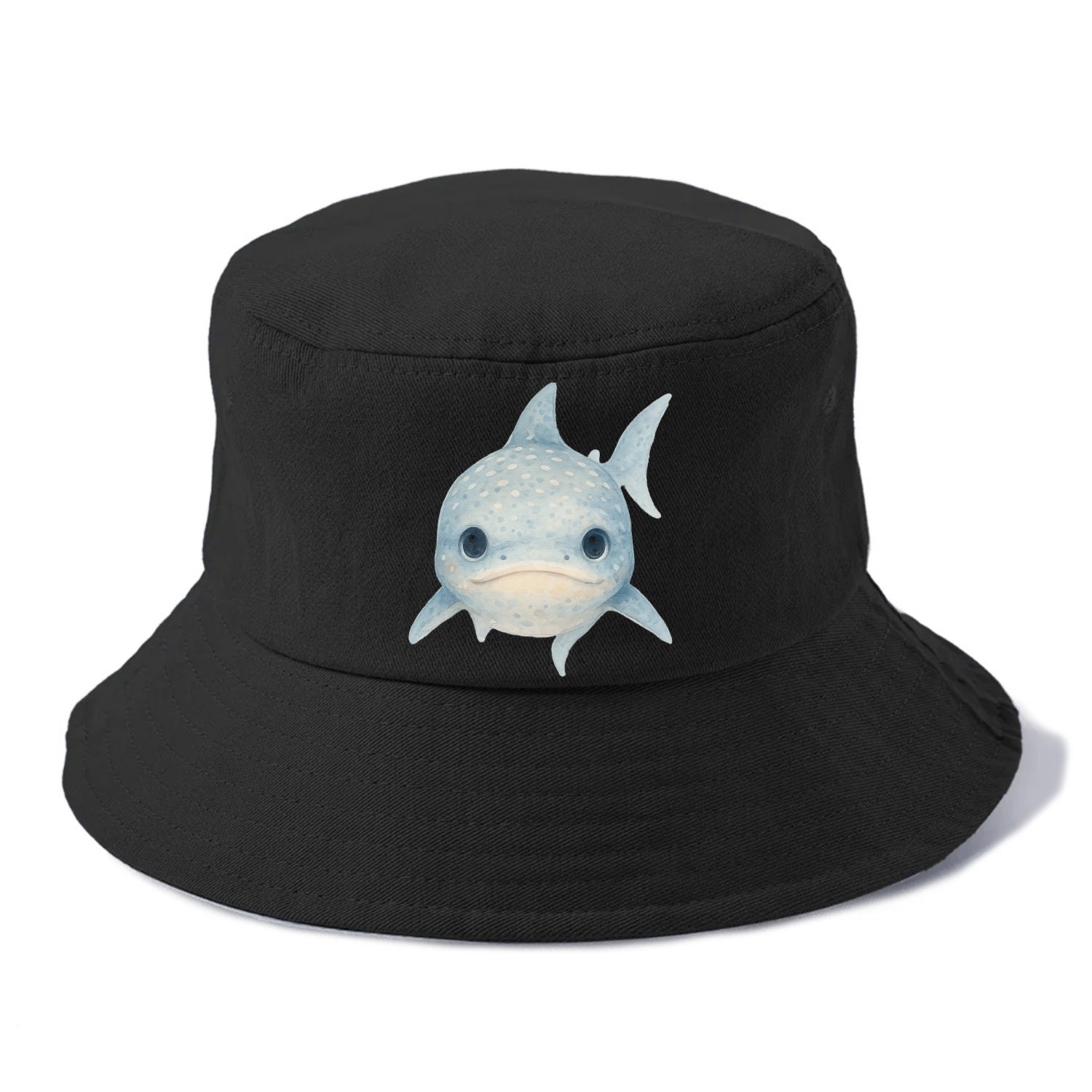 Baby Whale Shark - spotted blue-gray, wide mouth closed, tiny eyes, front-facing, - Bucket Hat - Black