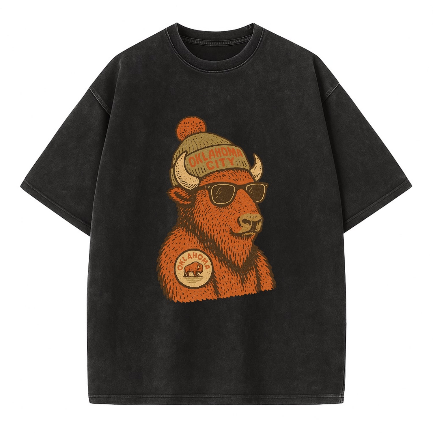 Oklahoma Buffalo wearing Oklahoma City beanie with pom pom and wayfarer sunglasses - Vintage T-shirt - Black