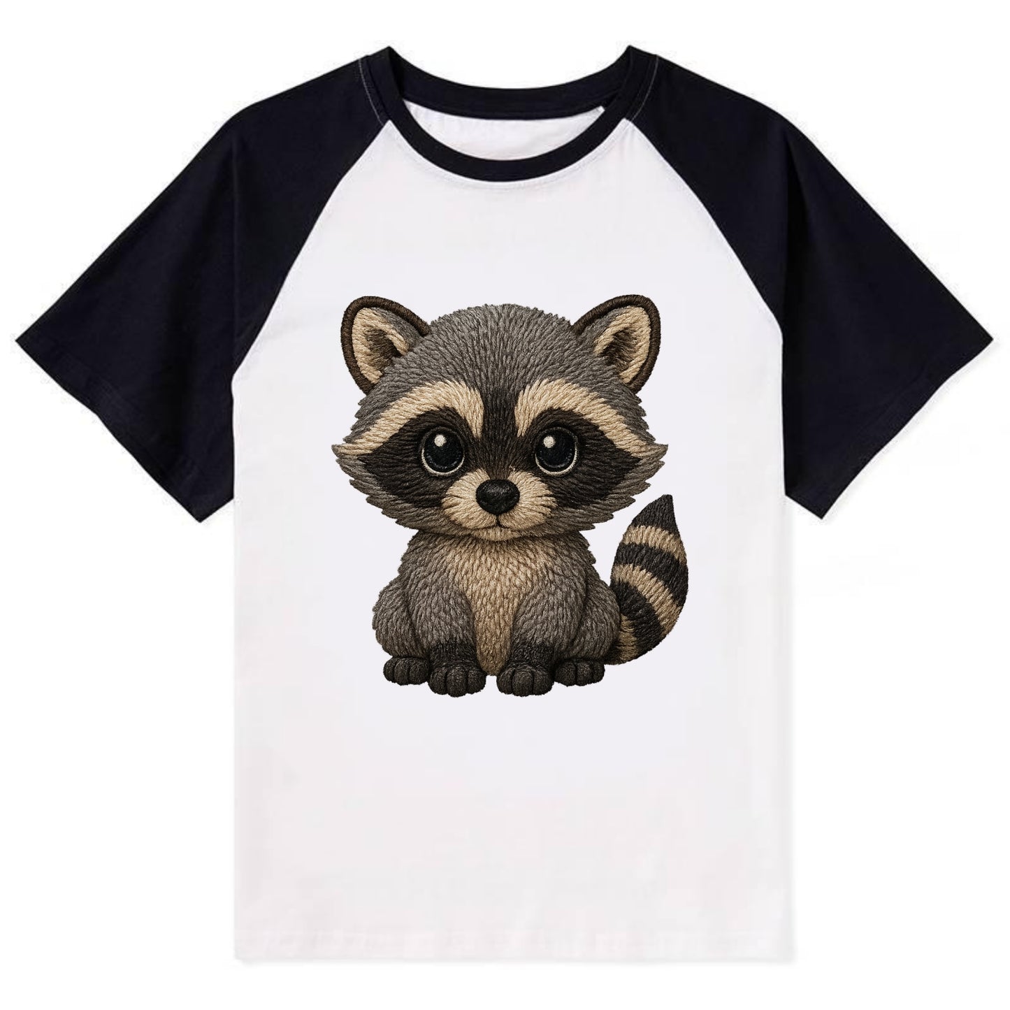 Baby Raccoon - gray fur, black mask, ringed tail, bright curious eyes, - Contrast Raglan T-shirt - Black