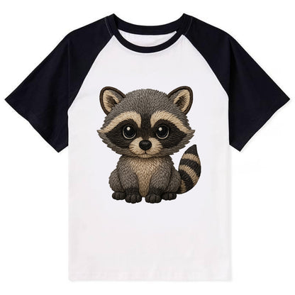Baby Raccoon - gray fur, black mask, ringed tail, bright curious eyes, - Contrast Raglan T-shirt - Black