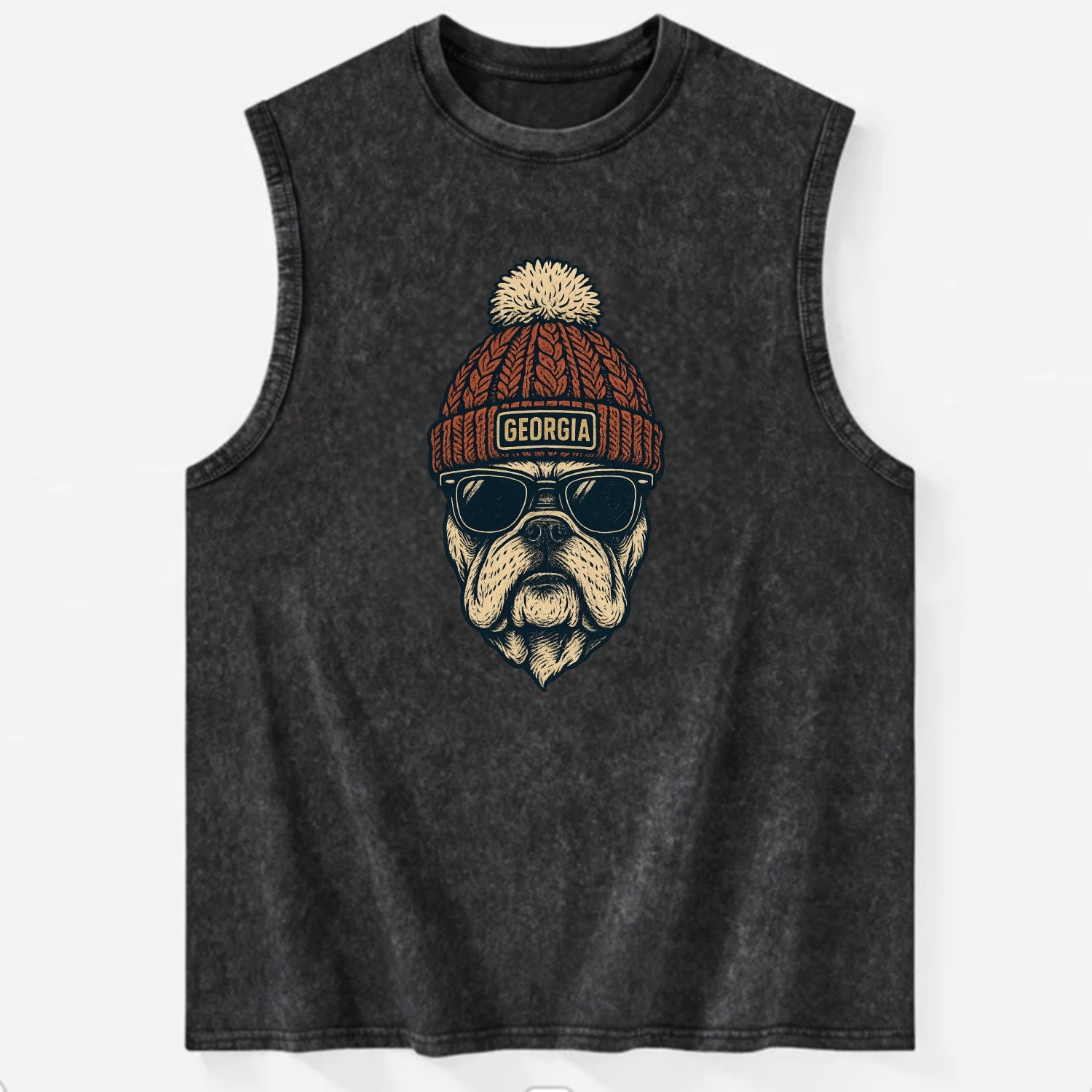 Athens Bulldog wearing Georgia beanie wi - Vintage Washed Tank - Black