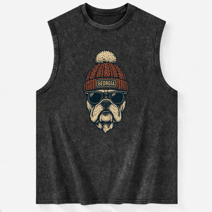 Athens Bulldog wearing Georgia beanie wi - Vintage Washed Tank - Black