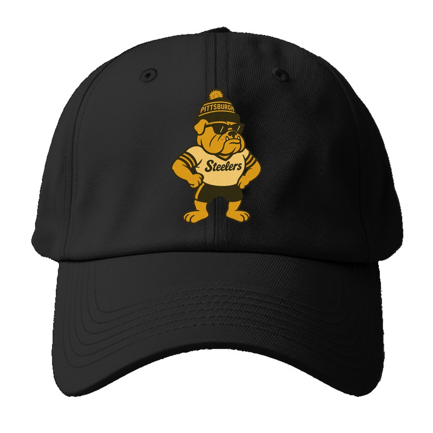 Pittsburgh Bulldog wearing Steelers black and gold beanie with pom pom and wayfarer - Baseball Cap - Black