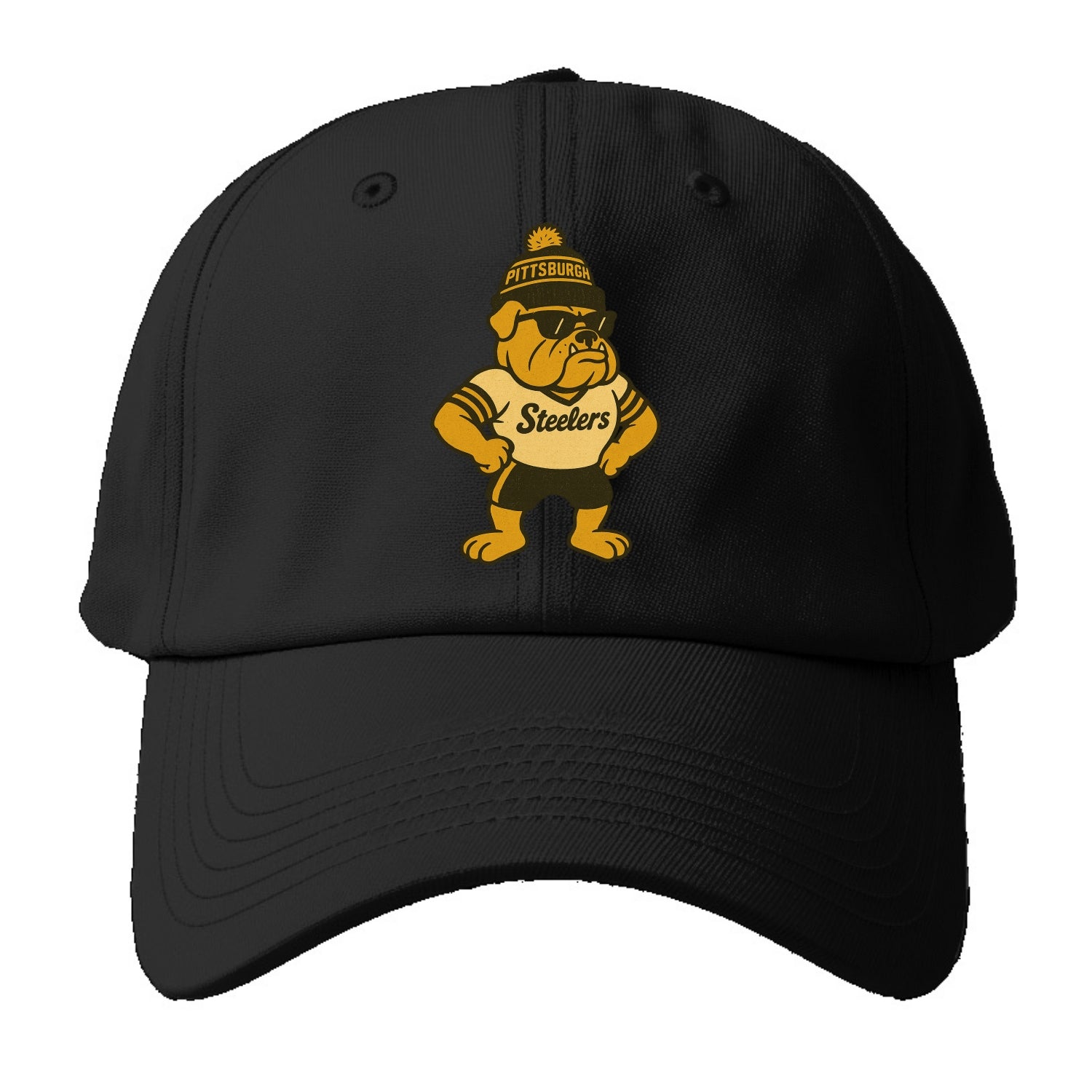 Pittsburgh Bulldog wearing Steelers black and gold beanie with pom pom and wayfarer - Baseball Cap - Black