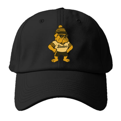 Pittsburgh Bulldog wearing Steelers black and gold beanie with pom pom and wayfarer - Baseball Cap - Black