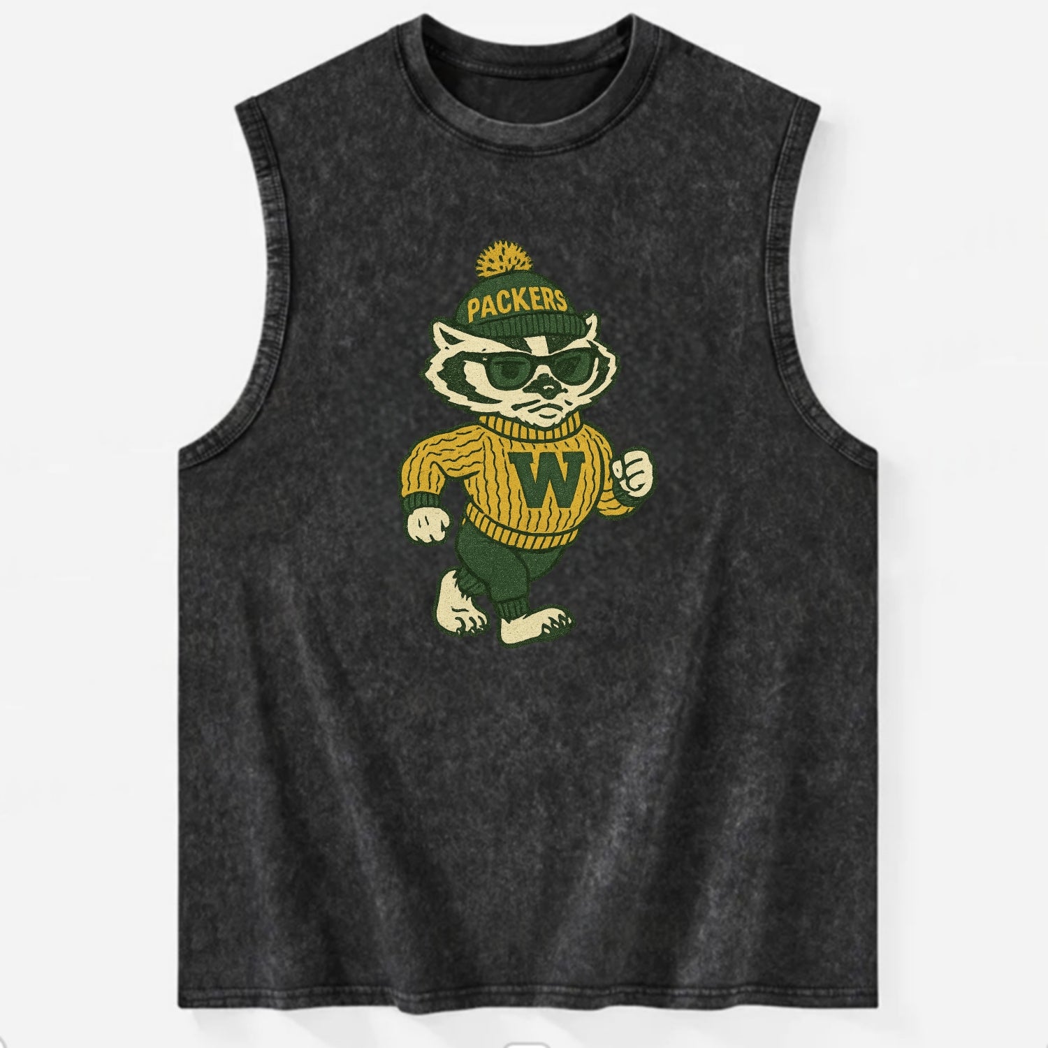 Wisconsin Badger wearing Packers green and gold beanie with pom pom and - Vintage Washed Tank - Black