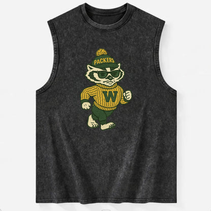 Wisconsin Badger wearing Packers green and gold beanie with pom pom and - Vintage Washed Tank - Black