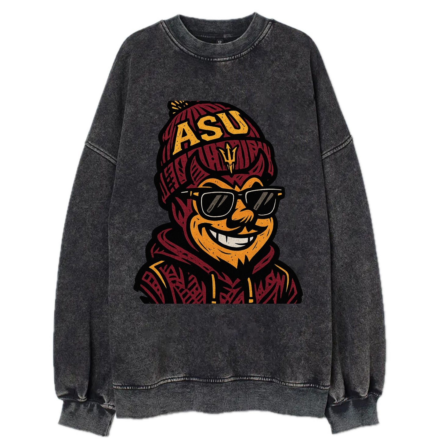 Tempe Sparky wearing Arizona State beanie with fork patch - Vintage Sweatshirt - Black