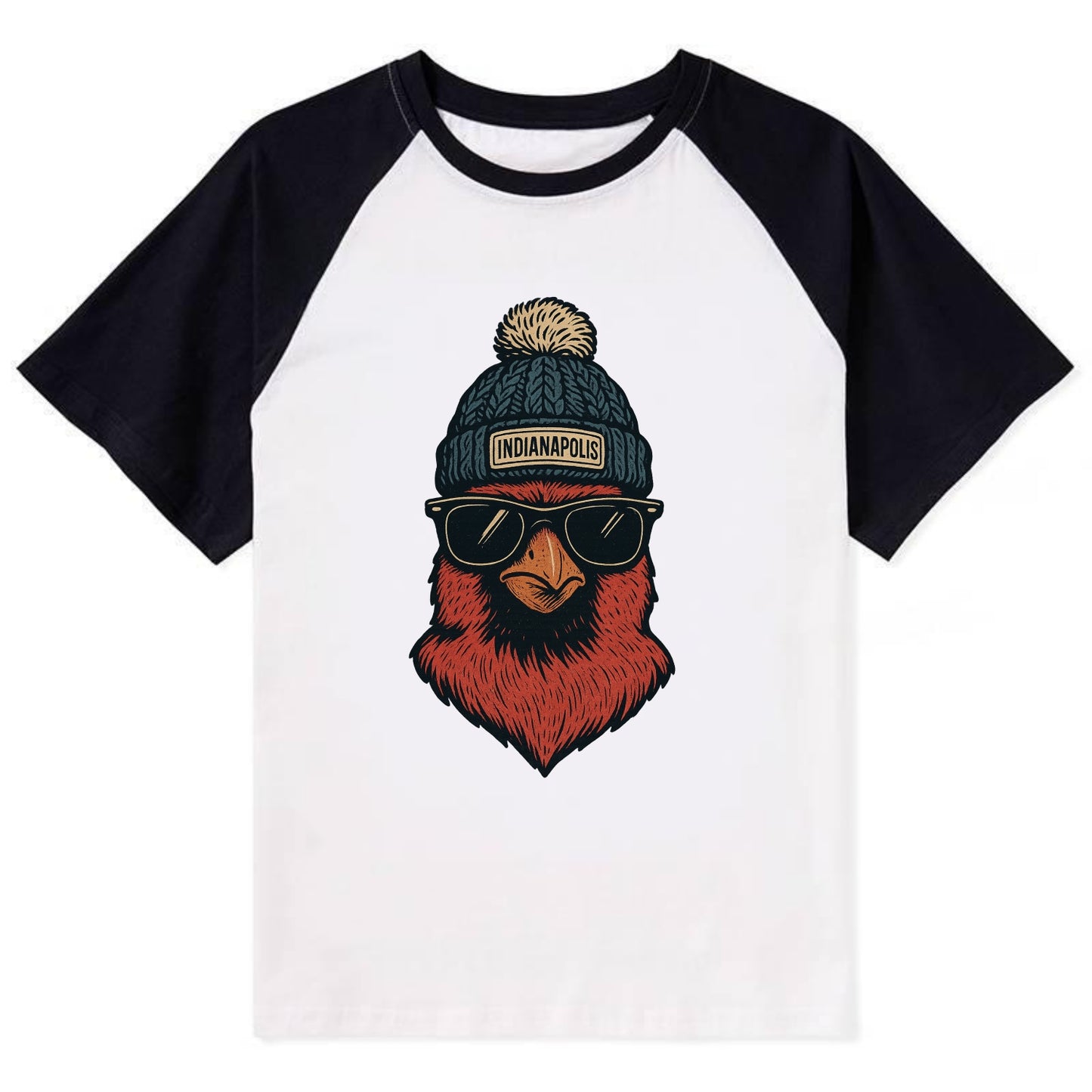 Indiana Cardinal wearing Indianapolis beanie with pom pom and wayfarer - Contrast Raglan T-shirt - Black