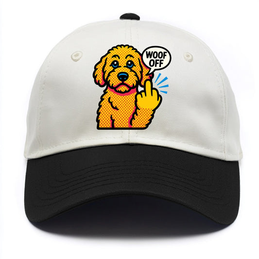 Goldendoodle with teddy bear face and curly golden coat, friendly paw flipping off - Two Tone Cap - Black