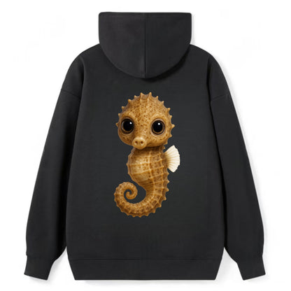 Baby Seahorse - curled tail, snout, large eyes, front-facing, delicate - Classic Pullover Hoodie - Black