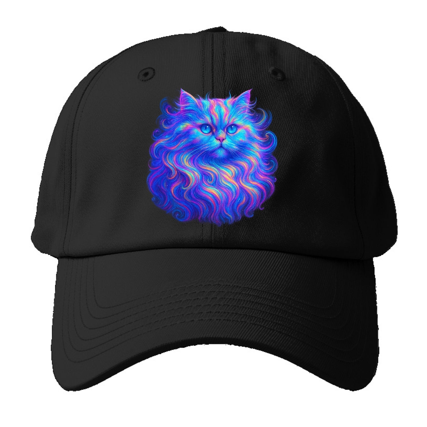 Luxurious Persian cat with flowing fur that refracts into rainbow prisms, soft - Baseball Cap - Black