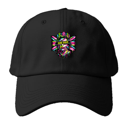 GOD SAVE | Torn royal portrait style | Blackout bar across eyes | Safety pin through - Baseball Cap - Black