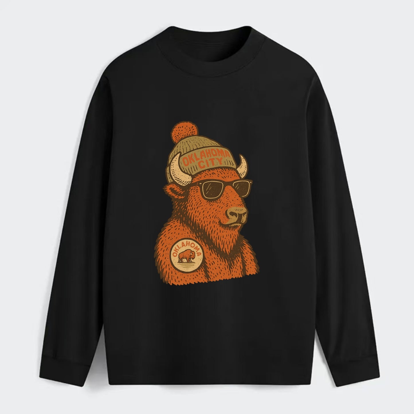 Oklahoma Buffalo wearing Oklahoma City beanie with pom pom and wayfarer - Classic Long Sleeve Shirt - Black