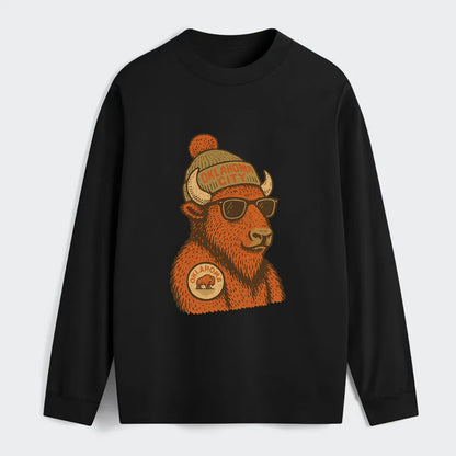Oklahoma Buffalo wearing Oklahoma City beanie with pom pom and wayfarer - Classic Long Sleeve Shirt - Black