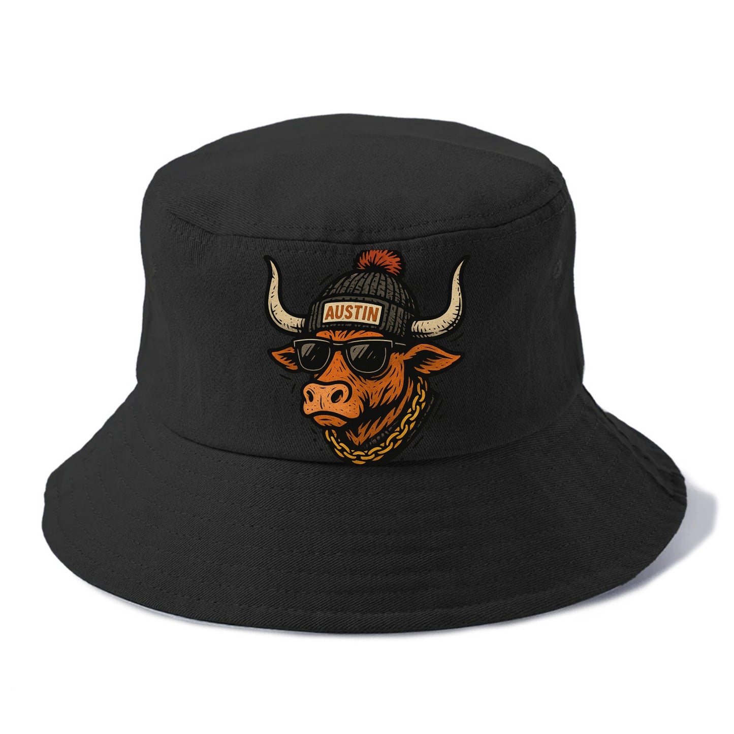 Texas Longhorn wearing Austin beanie with pom pom and wayfarer sunglasses - Bucket Hat - Black