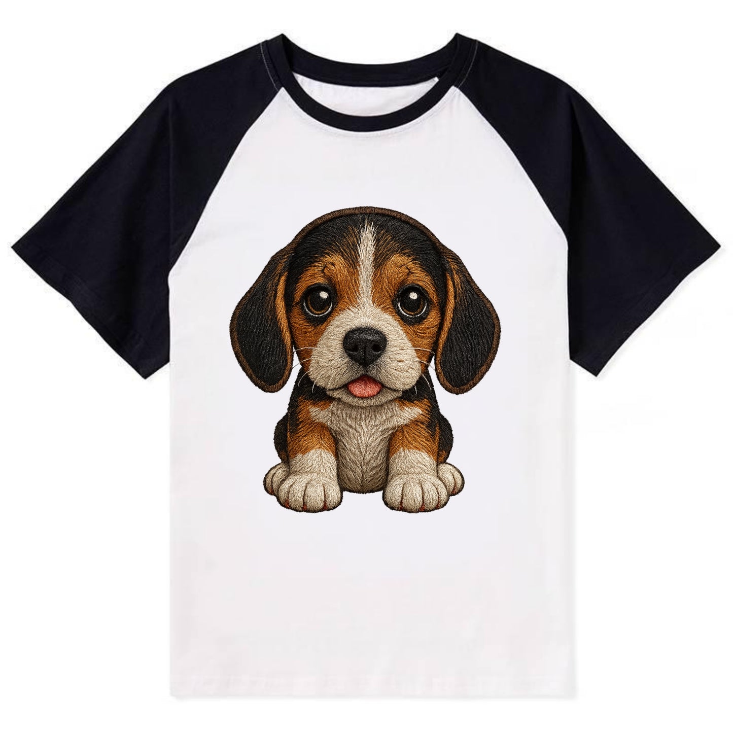 Baby Beagle Puppy - tricolor coat, long droopy ears, big pleading eyes, - Contrast Raglan T-shirt - Black