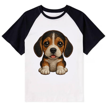Baby Beagle Puppy - tricolor coat, long droopy ears, big pleading eyes, - Contrast Raglan T-shirt - Black