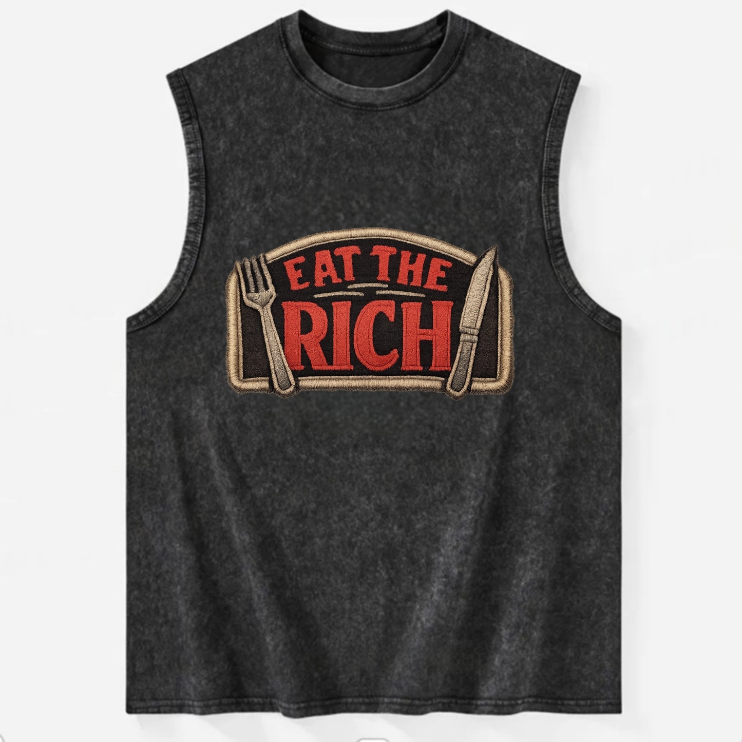 EAT THE RICH - fork and knife with text in red and silver , class war - Vintage Washed Tank - Black