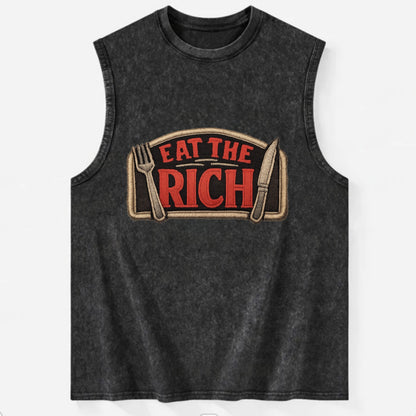 EAT THE RICH - fork and knife with text in red and silver , class war - Vintage Washed Tank - Black